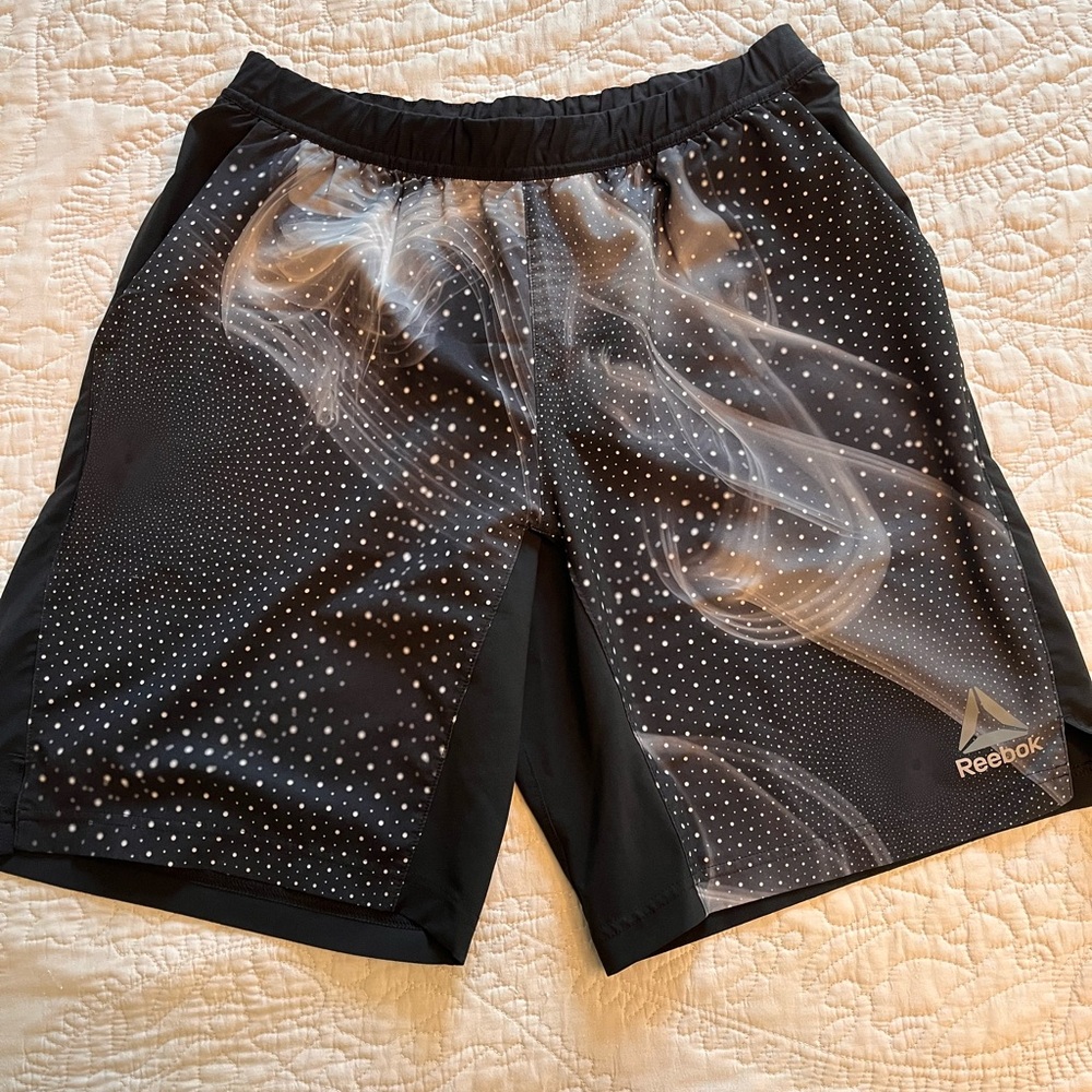 Reebok Black and Gray Athletic Shorts with Smoke Design
